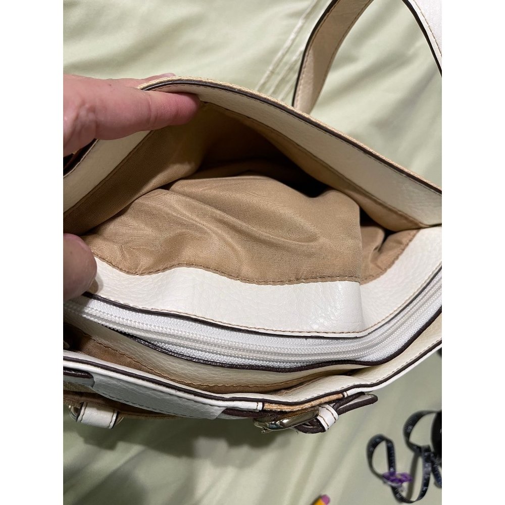 Etienne Aigner White Trimmed Tan Textured Purse - Picture 7 of 12
